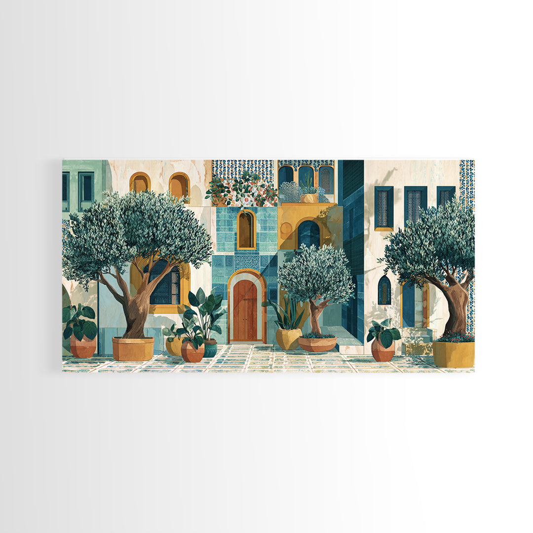 Olive Grove under Pale Morning Light Framed Canvas Print, Mediterranean Art, Oil Painting, Living Room Decor, Fine Art, Azure, MAR-2x1-85
