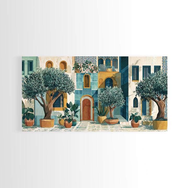 Olive Grove under Pale Morning Light Framed Canvas Print, Mediterranean Art, Oil Painting, Living Room Decor, Fine Art, Azure, MAR-2x1-85