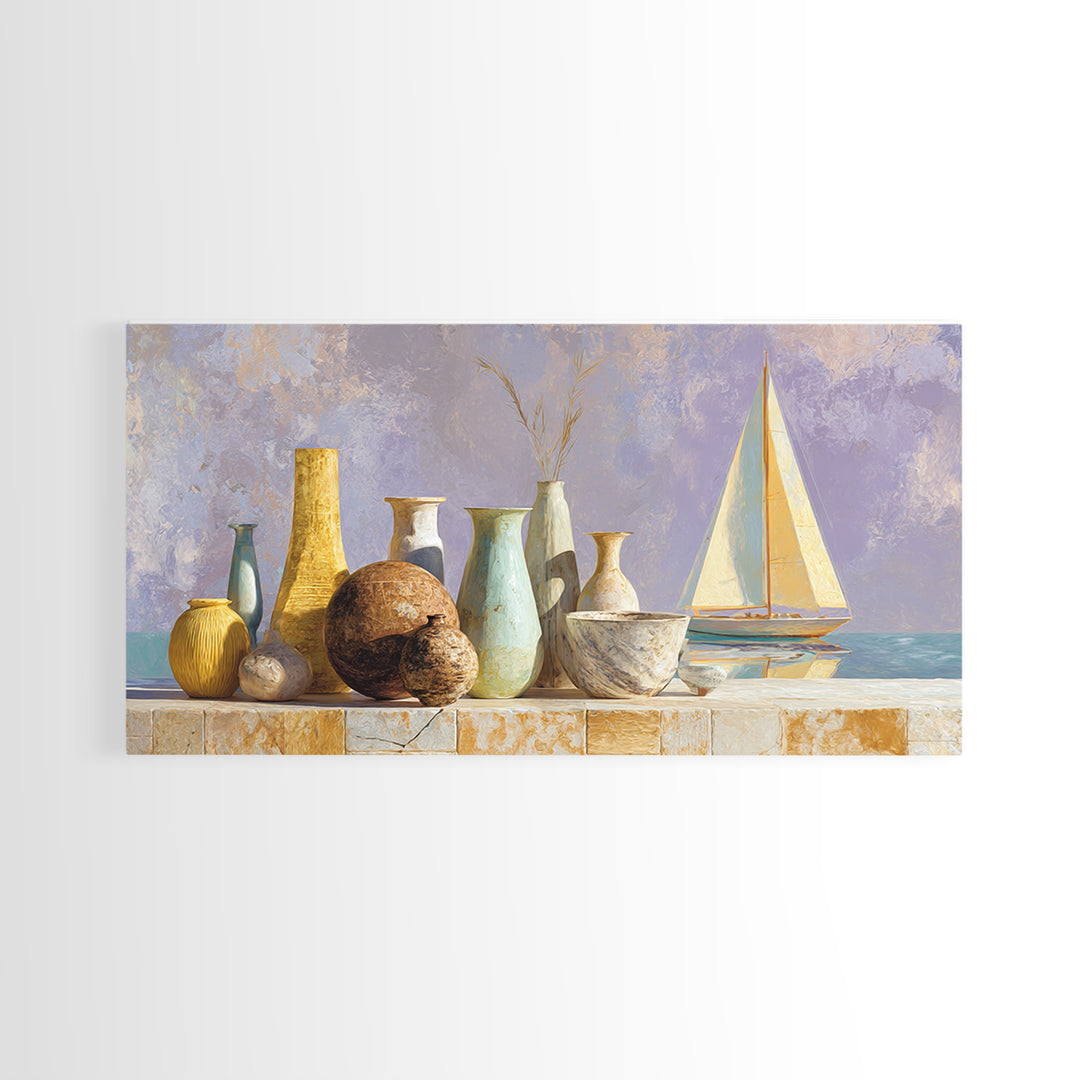 Mediterranean Sailboat on Glassy Water Framed Canvas Print, Mediterranean Art, Textured Painting, Living Room Decor, Azure, MAR-2x1-86