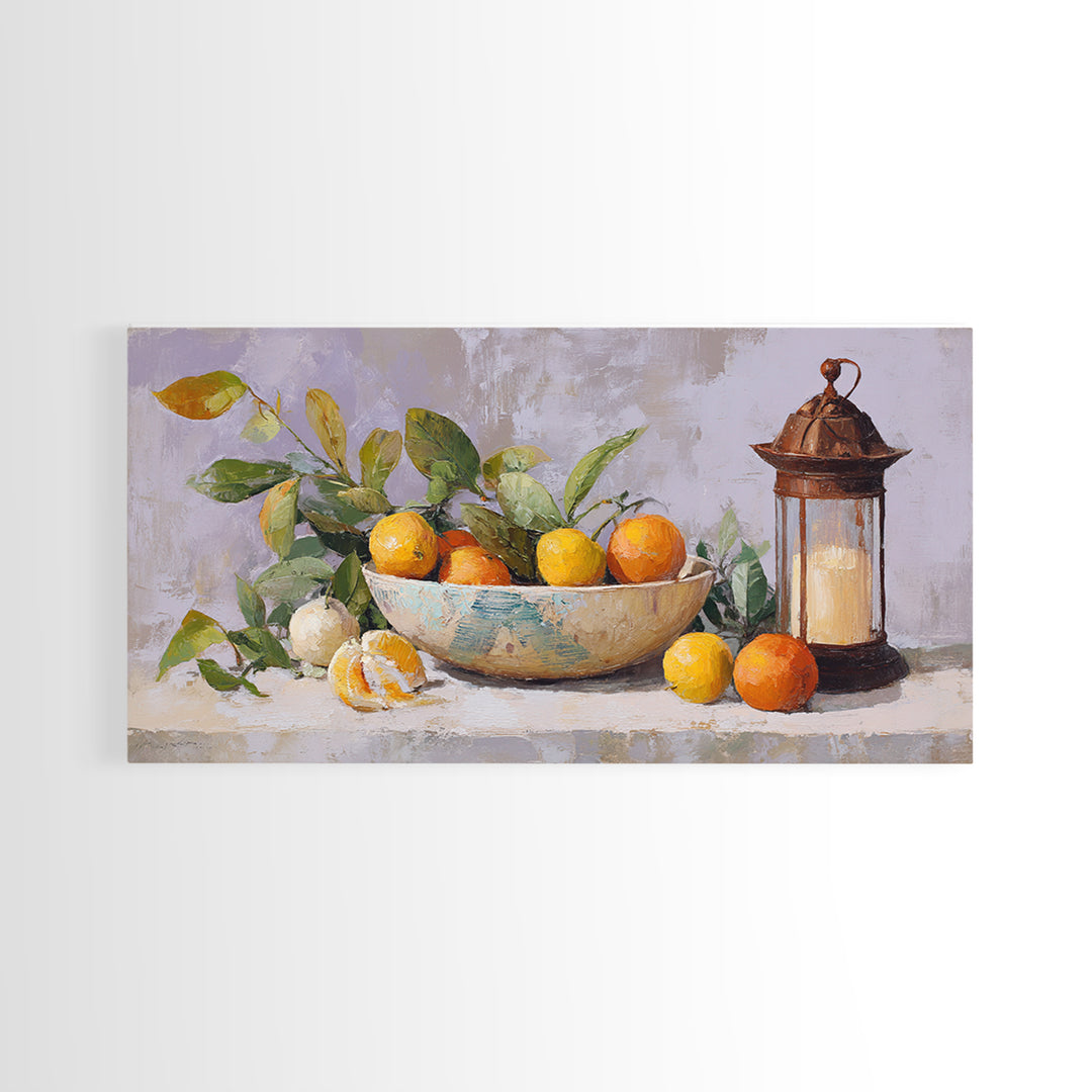 Ceramic Bowl of Oranges and Leaves Canvas Print, Mediterranean Art, Digital Wall Art, Living Room Decor, Fine Art, Azure, MAR-2x1-89
