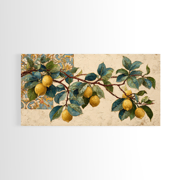 Sicilian Lemon Branch on Ivory Background Canvas Print, Mediterranean Art, Statement Artwork, Living Room Decor, Azure, MAR-2x1-9