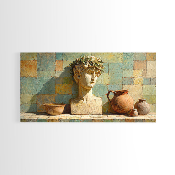 Roman Statue Bust Framed Canvas Print, Mediterranean Art, Living Room Decor, Oil Painting, Azure, Farmhouse Decor, MAR-2x1-90