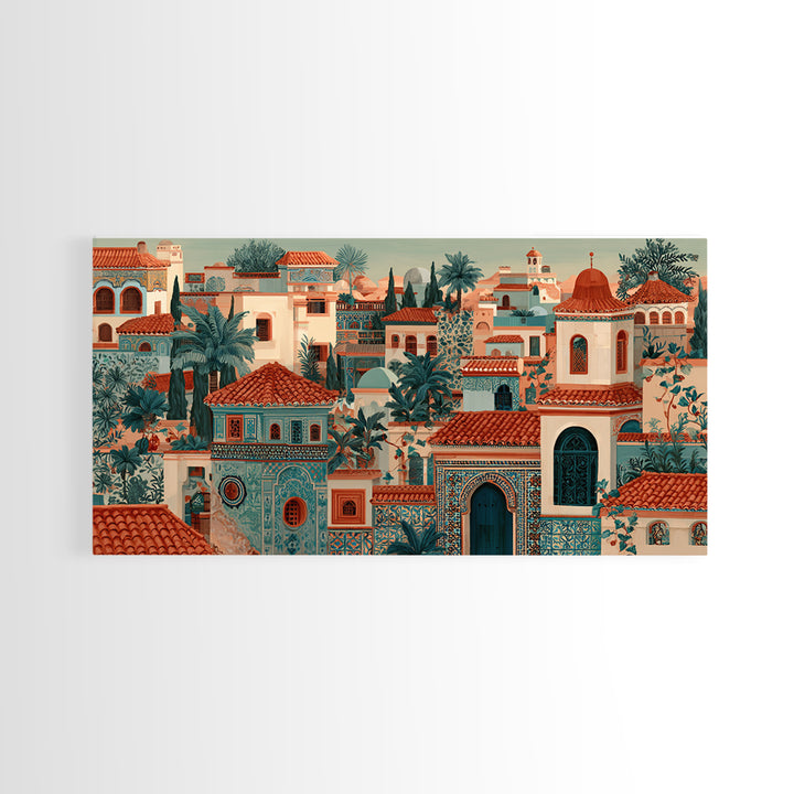 Sunset over Red Tiled Rooftops Framed Canvas Print, Mediterranean Art, Oil Painting, Living Room Decor, Fine Art, Azure, MAR-2x1-91