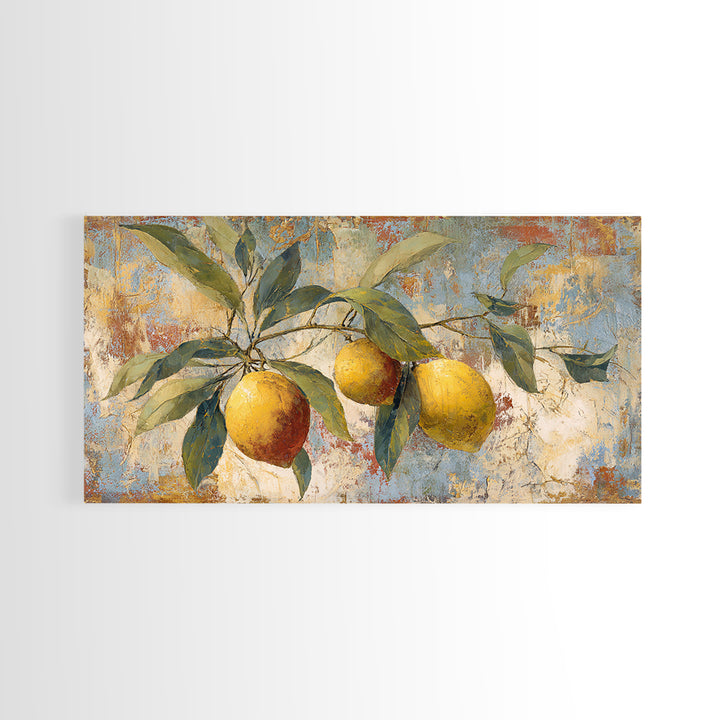 Olive Branch and Lemons on Terracotta Ground Canvas Print, Mediterranean Art, Minimalist Decor, Living Room Decor, Oil Painting, MAR-2x1-94