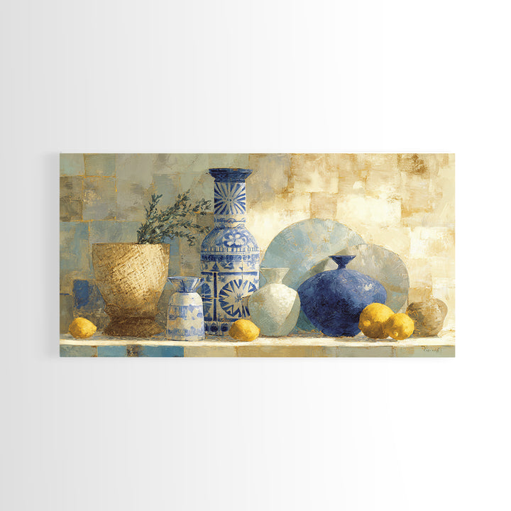 Blue and White Tile Pattern Framed Canvas Print, Mediterranean Art, Coastal Decor, Living Room Decor, Oil Painting, Azure, MAR-2x1-96