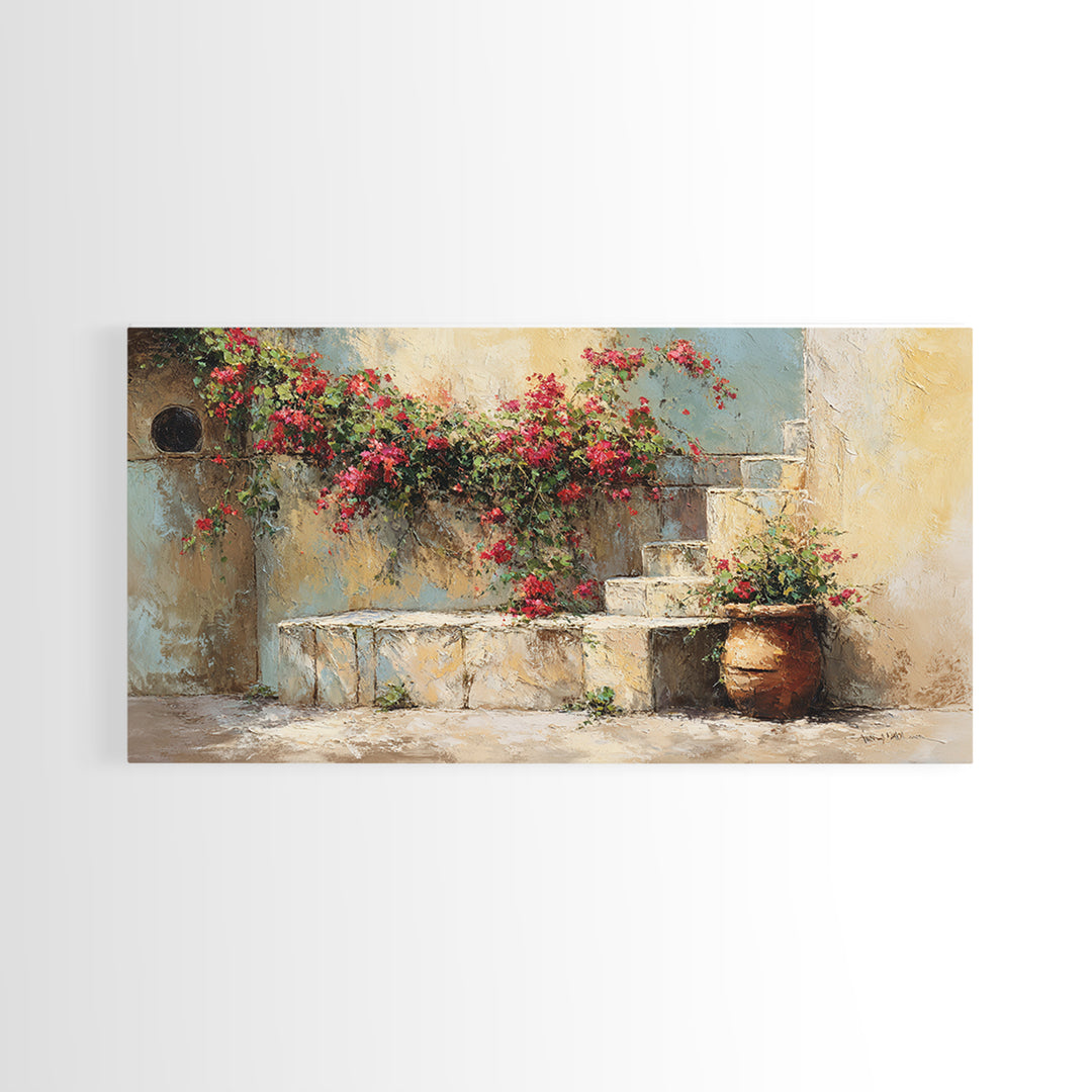 Bougainvillea Cascading over Stone Wall Framed Canvas Print, Mediterranean Art, Framed Wall Art, Living Room Decor, Azure, MAR-2x1-97