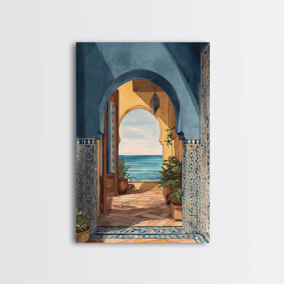 Mediterranean Arch Framing Ocean Horizon Canvas Print, Mediterranean Art, Coastal Decor, Living Room Decor, Fine Art, Azure, MAR-2x3-11