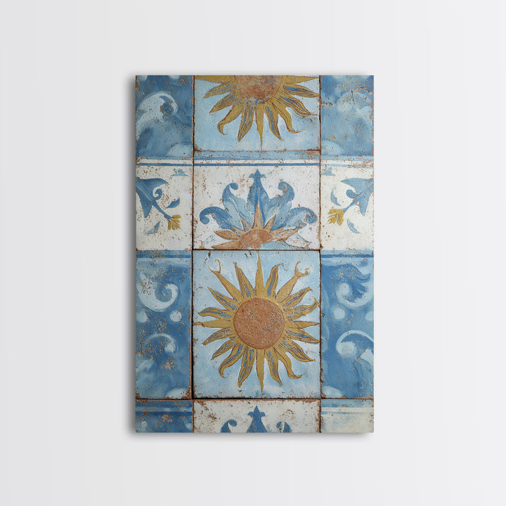 Blue and White Tile Pattern Framed Canvas Print, Mediterranean Art, Fine Art Print, Living Room Decor, Oil Painting, Azure, MAR-2x3-12