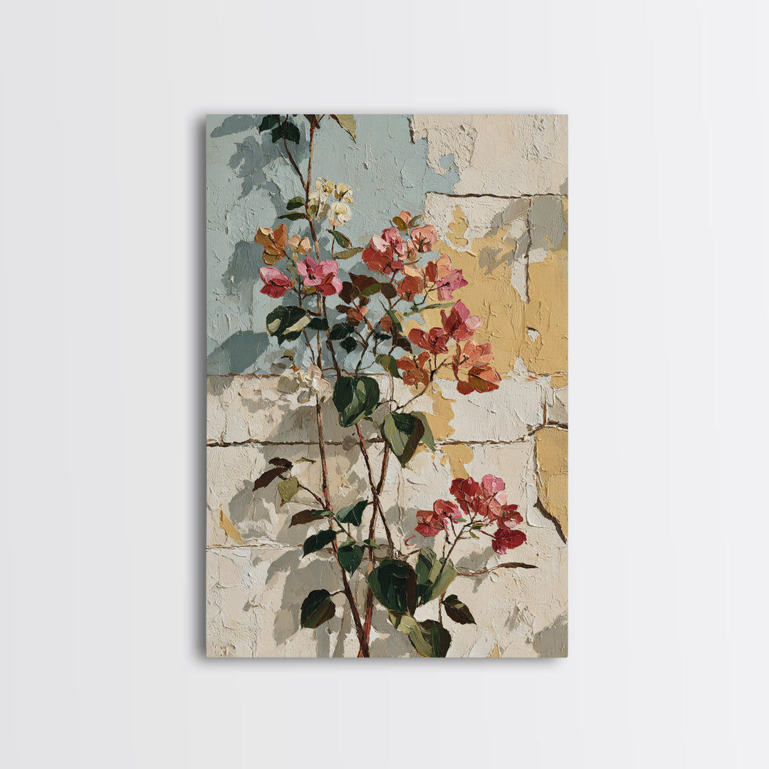 Bougainvillea Cascading over Stone Wall Framed Canvas Print, Mediterranean Art, Room Decor, Living Room Decor, Fine Art, Azure, MAR-2x3-13