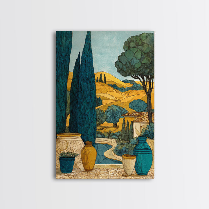 Tuscan Cypress Trees and Golden Hillside Canvas Print, Mediterranean Art, Modern Decor, Living Room Decor, Oil Painting, Azure, MAR-2x3-14