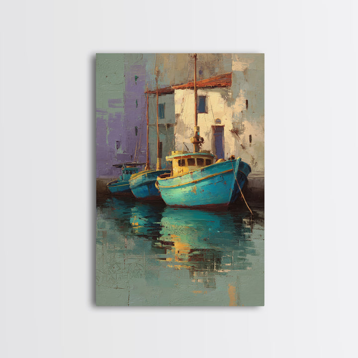 Coastal Fishing Boats Canvas Print, Mediterranean Art, Minimalist Wall Art, Living Room Decor, Fine Art, Azure, Neutral Decor, MAR-2x3-15