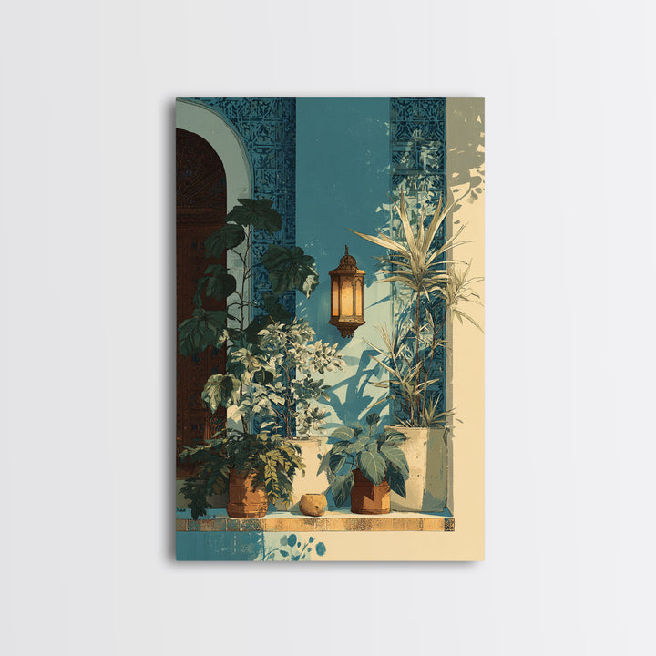 Moroccan Influenced Lantern Framed Canvas Print, Mediterranean Art, Textured Painting, Living Room Decor, Abstract Art, Azure, MAR-2x3-17