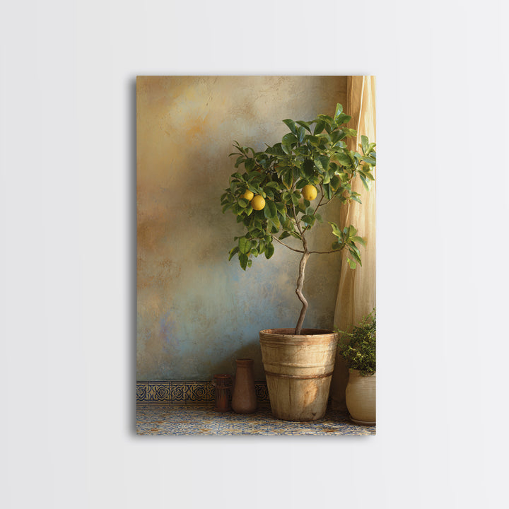 Citrus Tree in Clay Pot Framed Canvas Print, Mediterranean Art, Fine Art Print, Living Room Decor, Watercolor Art, Azure, MAR-2x3-18
