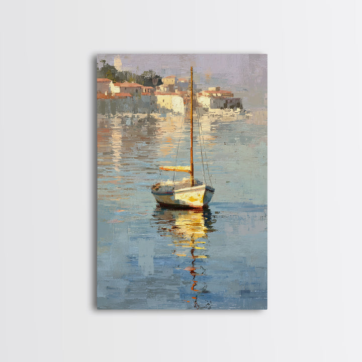 Mediterranean Sailboat on Glassy Water Framed Canvas Print, Mediterranean Art, Gallery Decor, Living Room Decor, Abstract Art, MAR-2x3-2