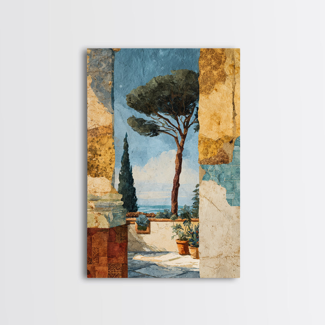 Ancient Column with Sea and Sky Beyond Framed Canvas Print, Mediterranean Art, Living Room Decor, Oil Painting, Azure, MAR-2x3-20