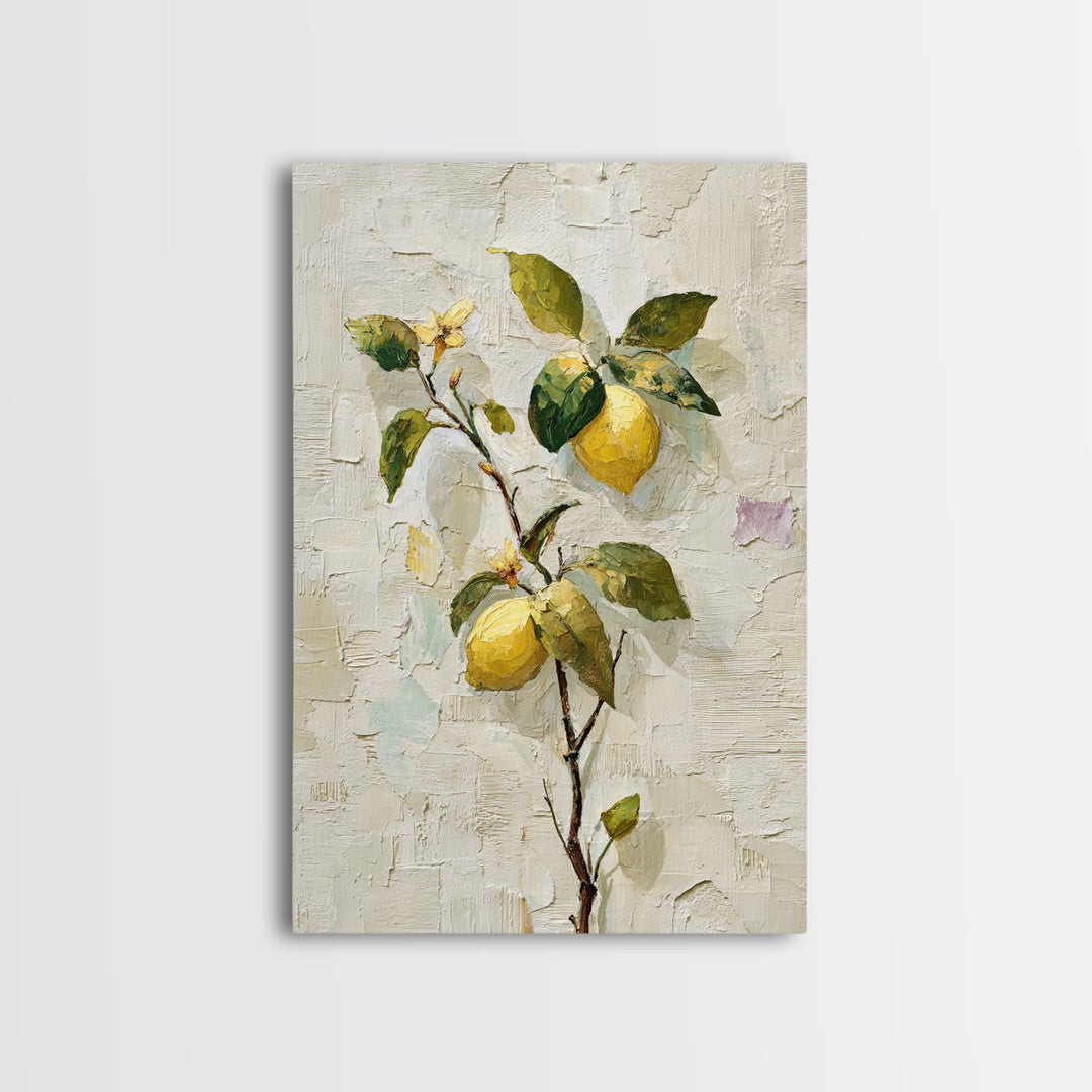 Sicilian Lemon Branch on Ivory Background Framed Canvas Print, Mediterranean Art, Boho Decor, Living Room Decor, Azure, MAR-2x3-21