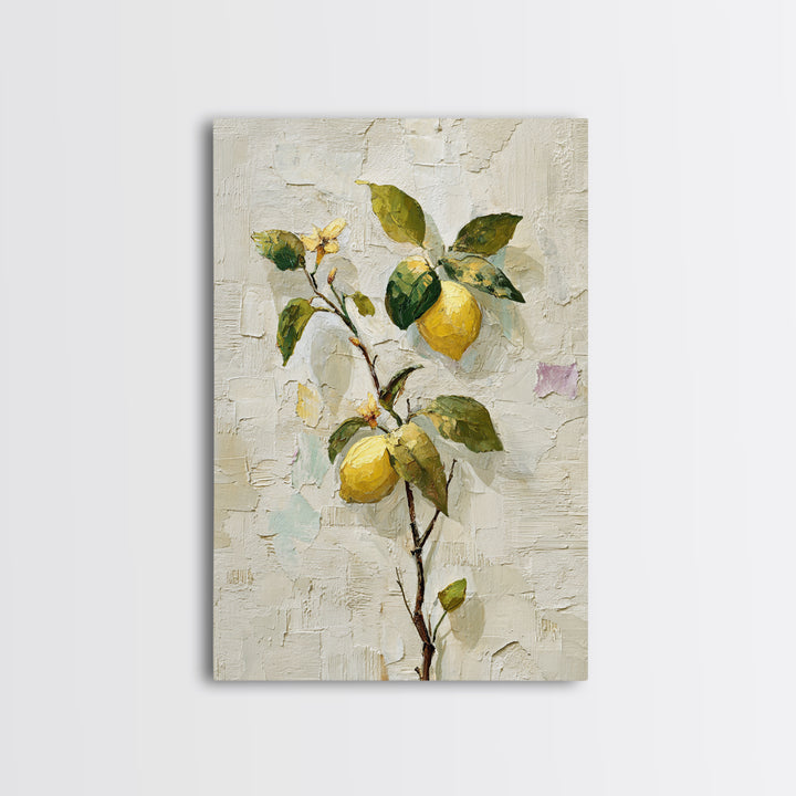 Sicilian Lemon Branch on Ivory Background Framed Canvas Print, Mediterranean Art, Boho Decor, Living Room Decor, Azure, MAR-2x3-21