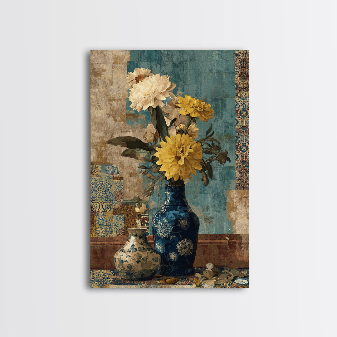 Greek Vase Modern Floral Design Canvas Print, Mediterranean Art, Coastal Wall Decor, Living Room Decor, Fine Art, Azure, MAR-2x3-23