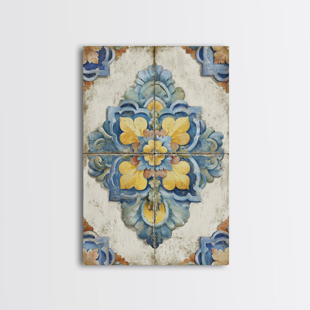 Spanish Tile Ornament Framed Canvas Print, Mediterranean Art, Nautical Decor, Living Room Decor, Azure, Coastal Wall Decor, MAR-2x3-24