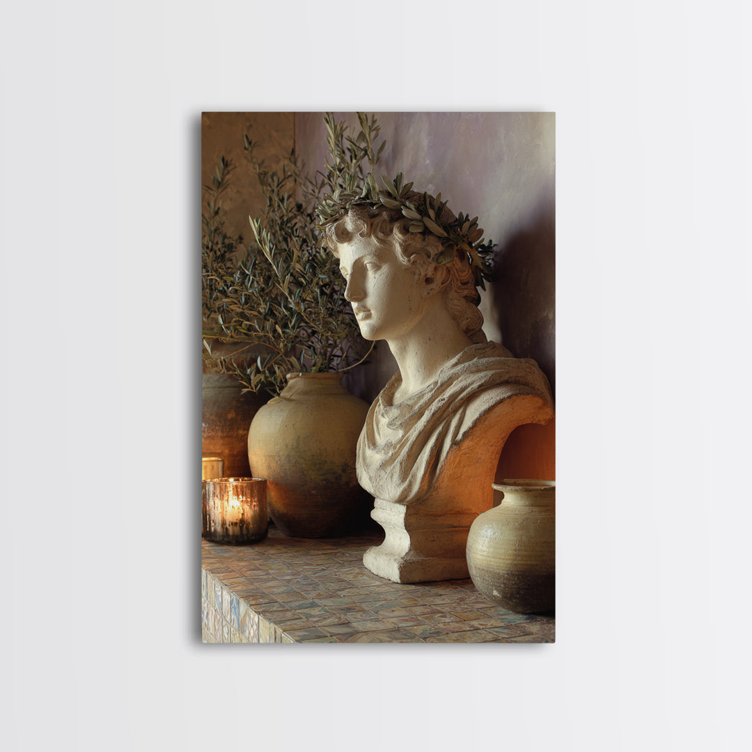 Roman Statue Bust Framed Canvas Print, Mediterranean Art, Wall Decor, Living Room Decor, Fine Art, Azure, Contemporary Art, MAR-2x3-30