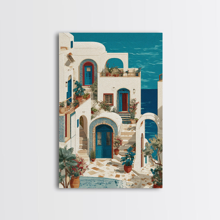 Greek Island White Buildings Above Blue Sea Framed Canvas Print, Mediterranean Art, Living Room Decor, Watercolor Art, Azure, MAR-2x3-33