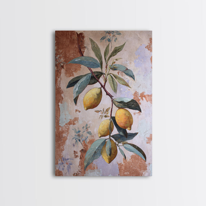 Olive Branch and Lemons on Terracotta Ground Canvas Print, Mediterranean Art, Luxury Decor, Living Room Decor, Azure, MAR-2x3-34