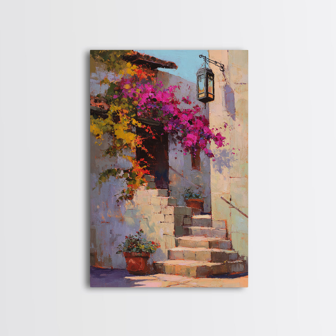 Bougainvillea Cascading over Stone Wall Framed Canvas Print, Mediterranean Art, Room Decor, Living Room Decor, Fine Art, Azure, MAR-2x3-37