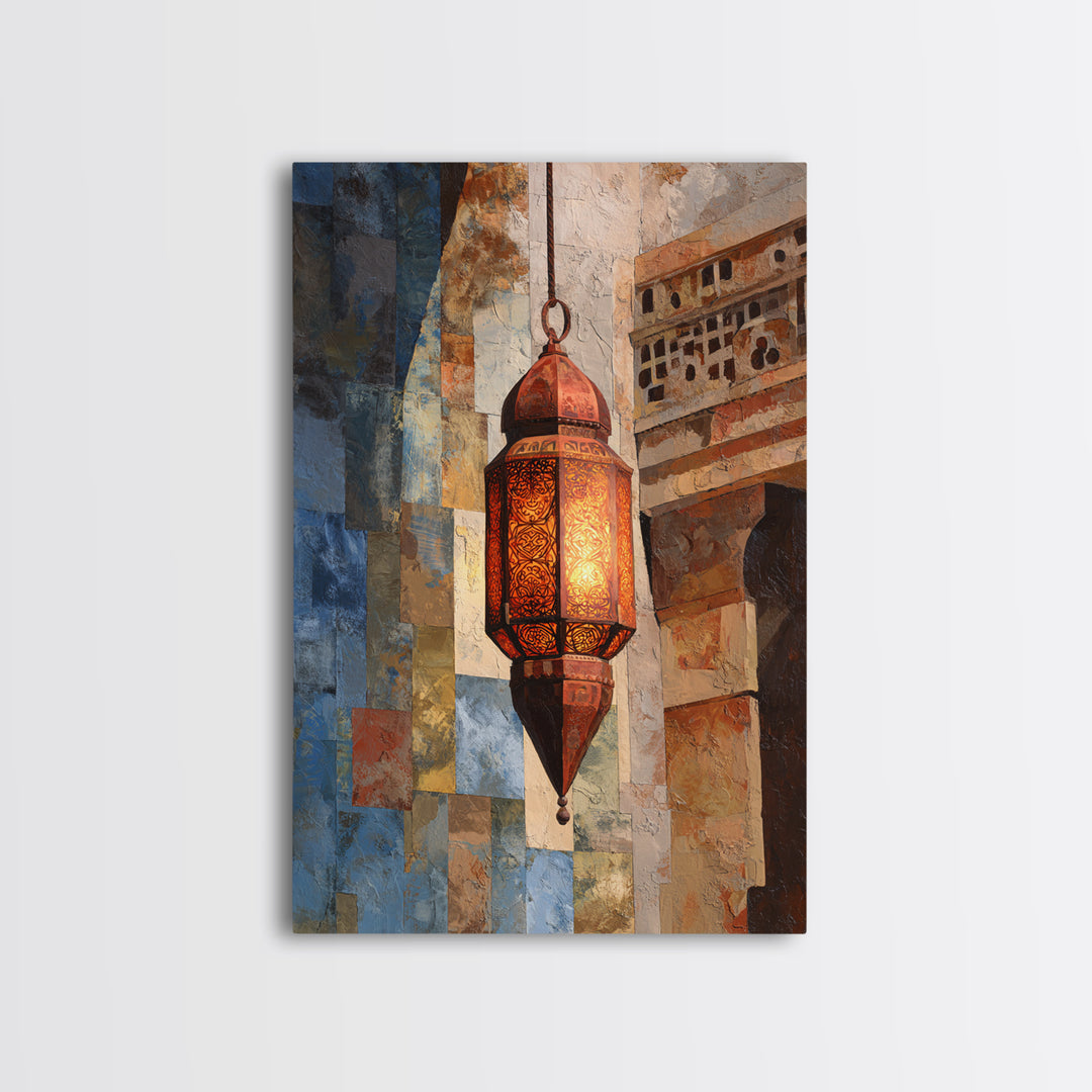 Moroccan Influenced Lantern Framed Canvas Print, Mediterranean Art, Textured Painting, Living Room Decor, Abstract Art, Azure, MAR-2x3-41