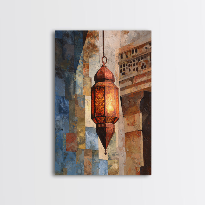 Moroccan Influenced Lantern Framed Canvas Print, Mediterranean Art, Textured Painting, Living Room Decor, Abstract Art, Azure, MAR-2x3-41