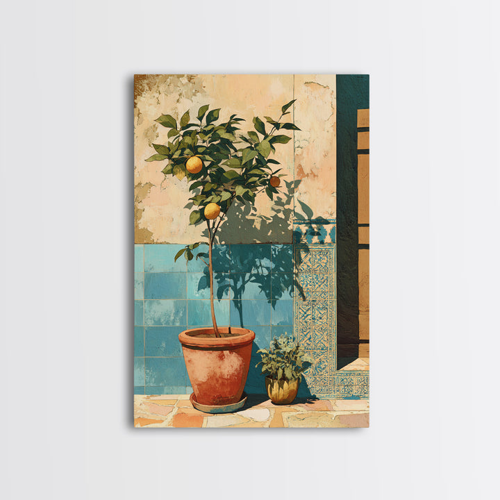 Citrus Tree in Clay Pot Framed Canvas Print, Mediterranean Art, Fine Art Print, Living Room Decor, Watercolor Art, Azure, MAR-2x3-42