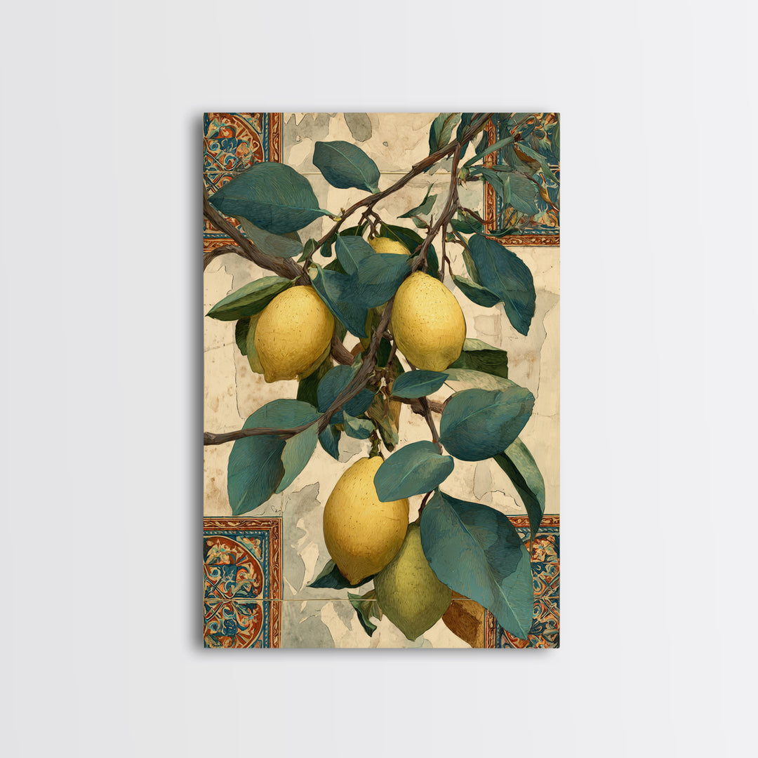 Sicilian Lemon Branch on Ivory Background Canvas Print, Mediterranean Art, Living Room Decor, Oil Painting, Azure, MAR-2x3-45
