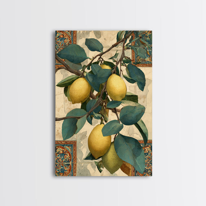 Sicilian Lemon Branch on Ivory Background Canvas Print, Mediterranean Art, Living Room Decor, Oil Painting, Azure, MAR-2x3-45