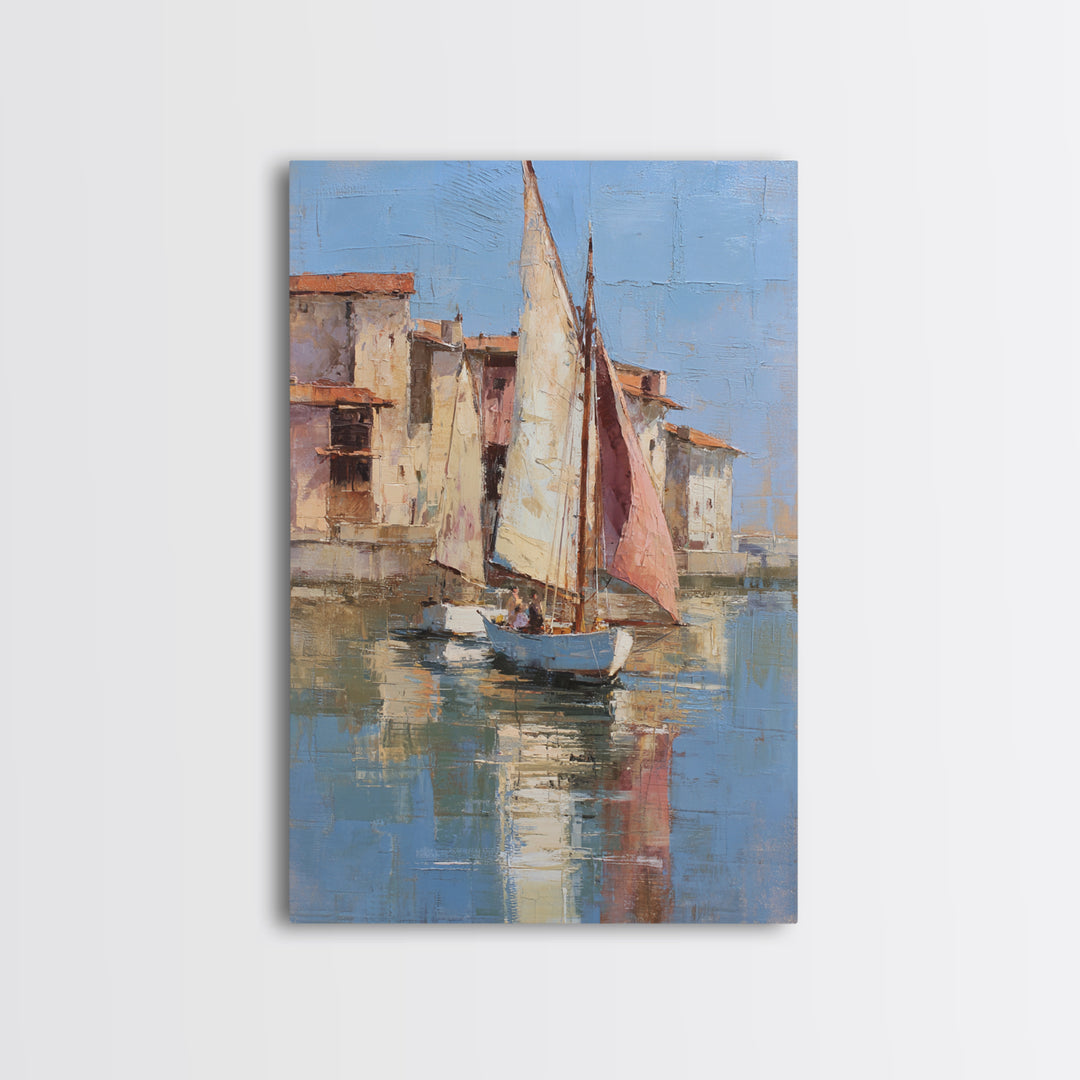 Mediterranean Sailboat on Glassy Water Canvas Print, Mediterranean Art, Boho Decor, Living Room Decor, Fine Art, Azure, MAR-2x3-50