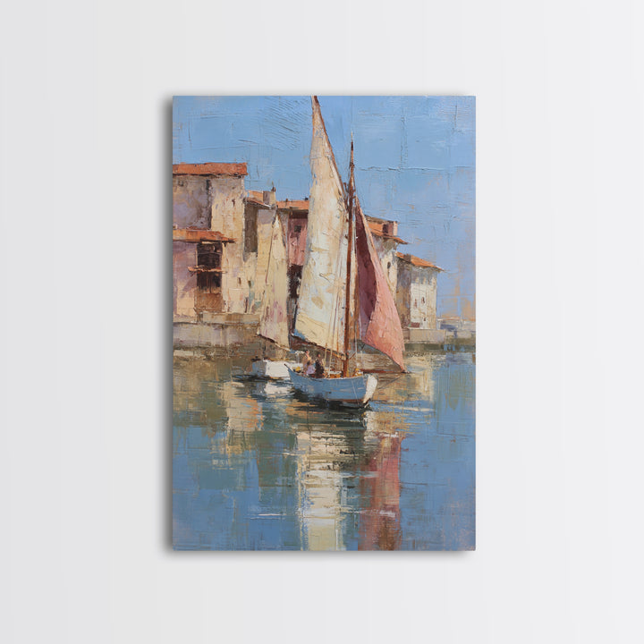 Mediterranean Sailboat on Glassy Water Canvas Print, Mediterranean Art, Boho Decor, Living Room Decor, Fine Art, Azure, MAR-2x3-50