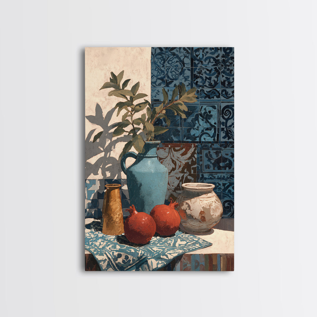 Pomegranate Still Life Framed Canvas Print, Mediterranean Art, Living Room Art, Living Room Decor, Oil Painting, Azure, MAR-2x3-51