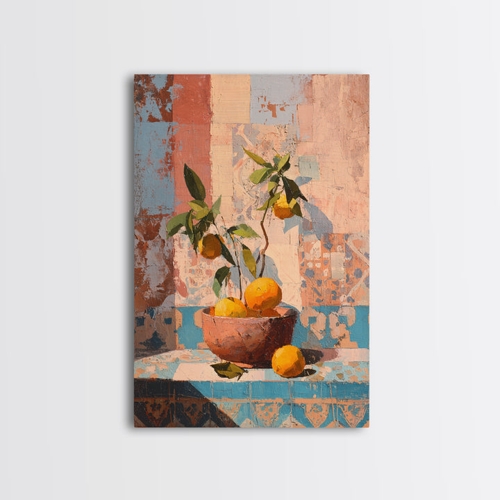 Ceramic Bowl of Oranges and Leaves Framed Canvas Print, Mediterranean Art, Living Room Decor, Oil Painting, Azure, MAR-2x3-53
