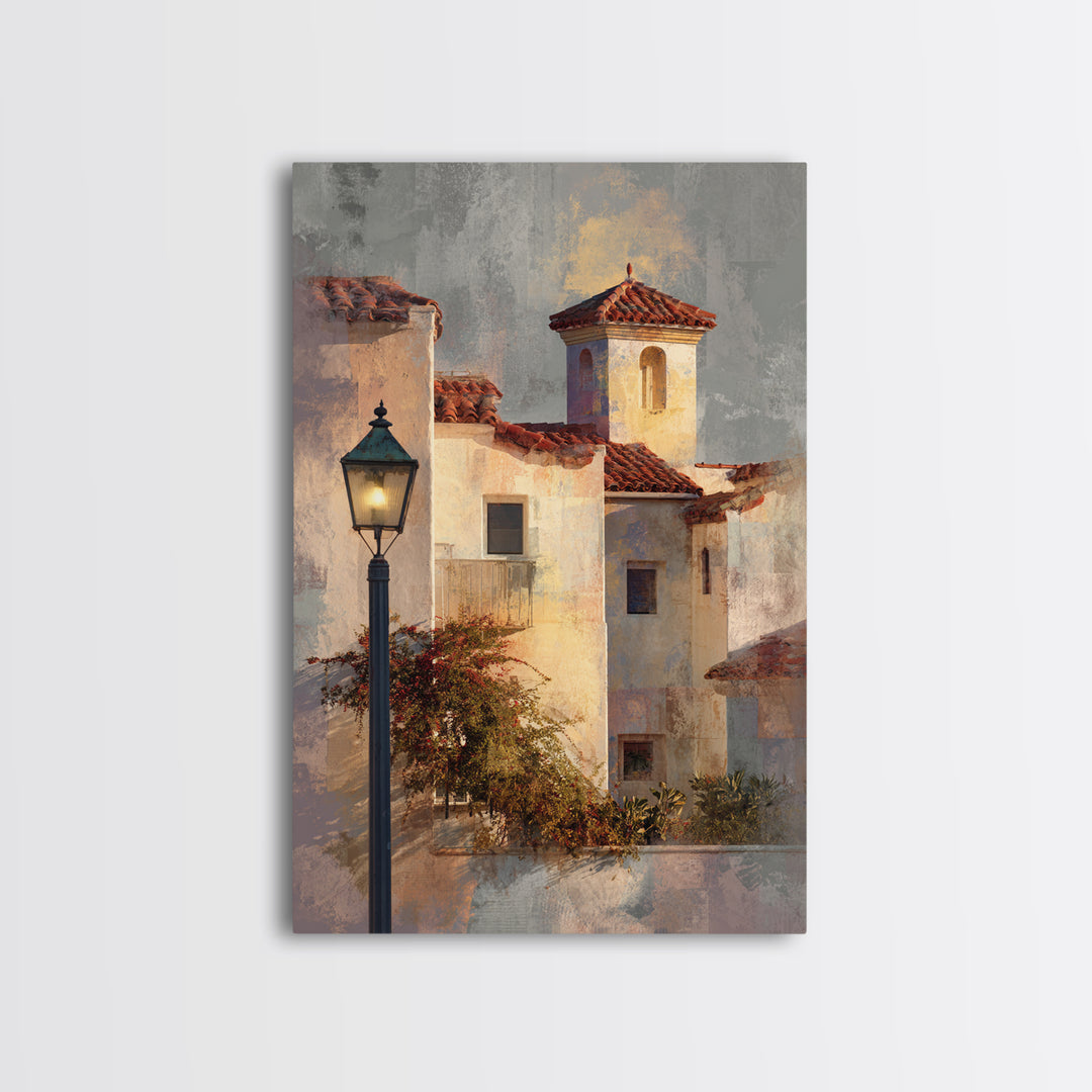 Sunset over Red Tiled Rooftops Framed Canvas Print, Mediterranean Art, Travel Poster, Living Room Decor, Fine Art, Azure, MAR-2x3-55