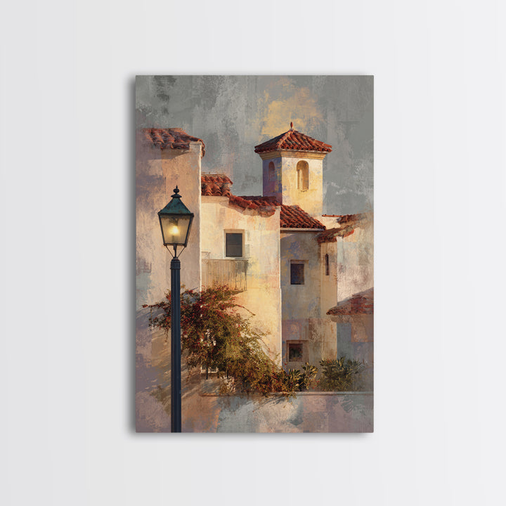 Sunset over Red Tiled Rooftops Framed Canvas Print, Mediterranean Art, Travel Poster, Living Room Decor, Fine Art, Azure, MAR-2x3-55