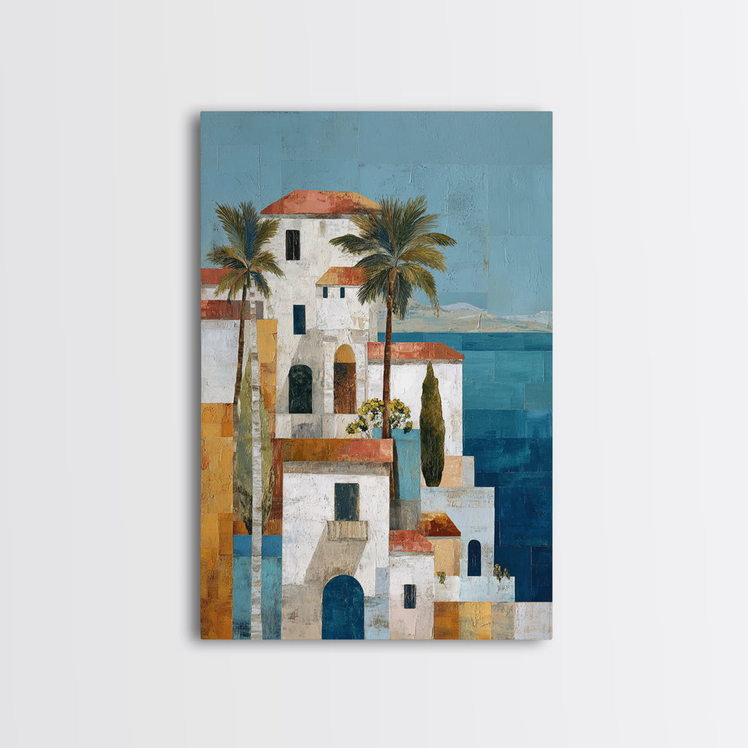 Greek Island White Buildings Above Blue Sea Canvas Print, Mediterranean Art, Framed Wall Art, Living Room Decor, Oil Painting, MAR-2x3-57