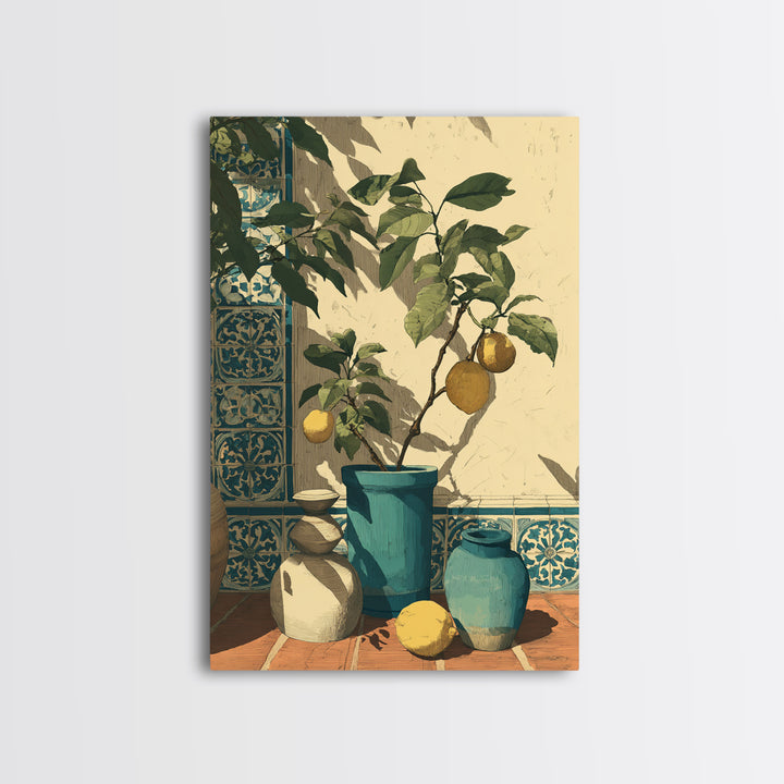 Olive Branch and Lemons on Terracotta Ground Canvas Print, Mediterranean Art, Contemporary Art, Living Room Decor, Azure, MAR-2x3-58