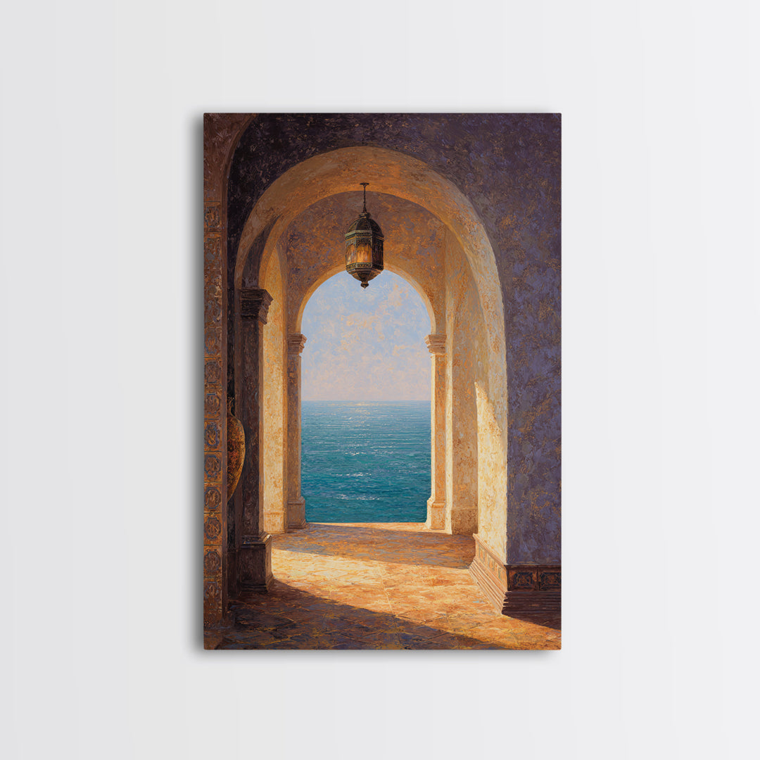Mediterranean Arch Framing Ocean Horizon Framed Canvas Print, Mediterranean Art, Boho Decor, Living Room Decor, Fine Art, Azure, MAR-2x3-59