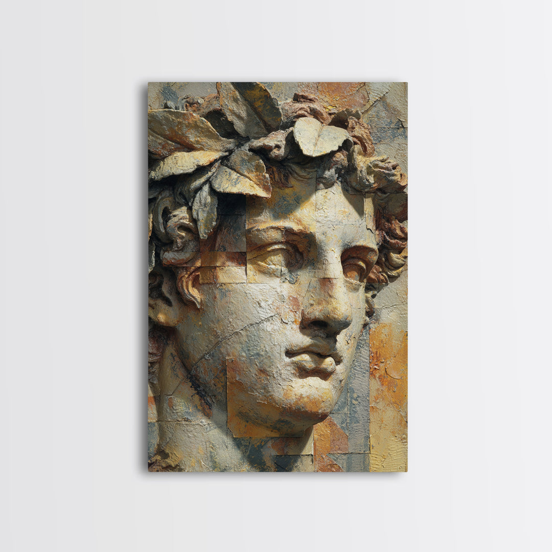 Roman Statue Bust Framed Canvas Print, Mediterranean Art, Wall Decor, Living Room Decor, Fine Art, Azure, Contemporary Art, MAR-2x3-6