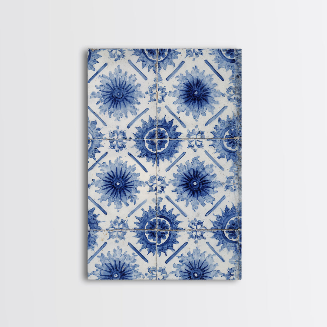 Blue and White Tile Pattern Framed Canvas Print, Mediterranean Art, Statement Artwork, Living Room Decor, Fine Art, Azure, MAR-2x3-60