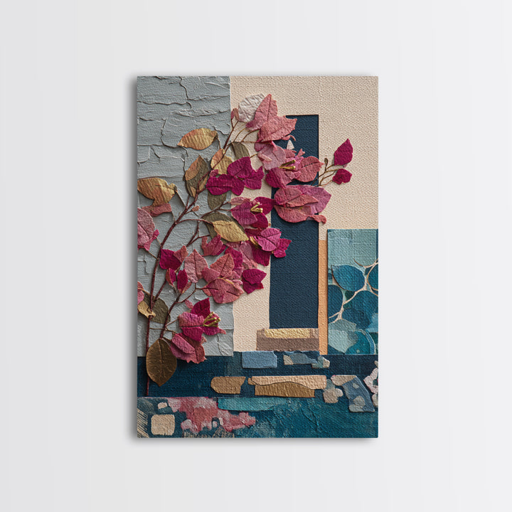 Bougainvillea Cascading over Stone Wall Canvas Print, Mediterranean Art, Printable Wall Art, Living Room Decor, Fine Art, Azure, MAR-2x3-61