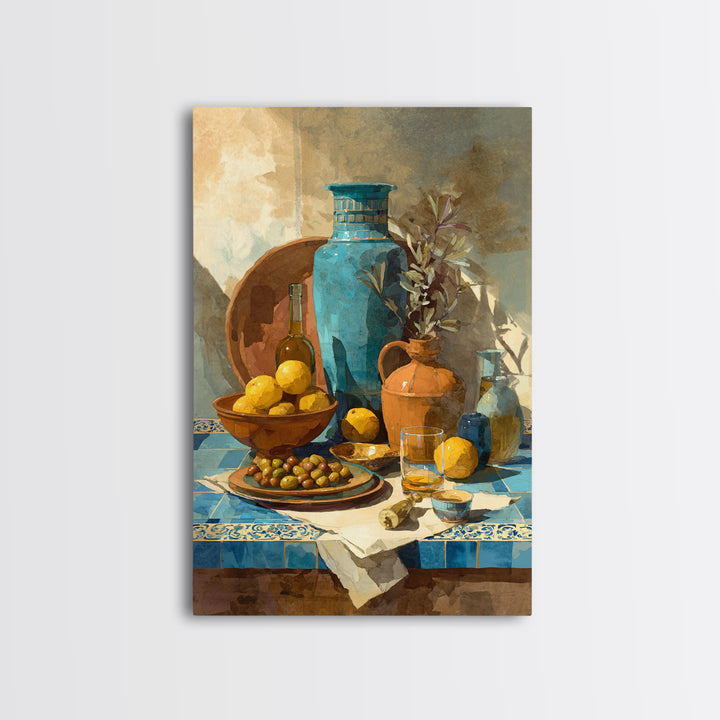 Figs Olives and Cheese Still Life Framed Canvas Print, Mediterranean Art, Gallery Decor, Living Room Decor, Fine Art, Azure, MAR-2x3-64