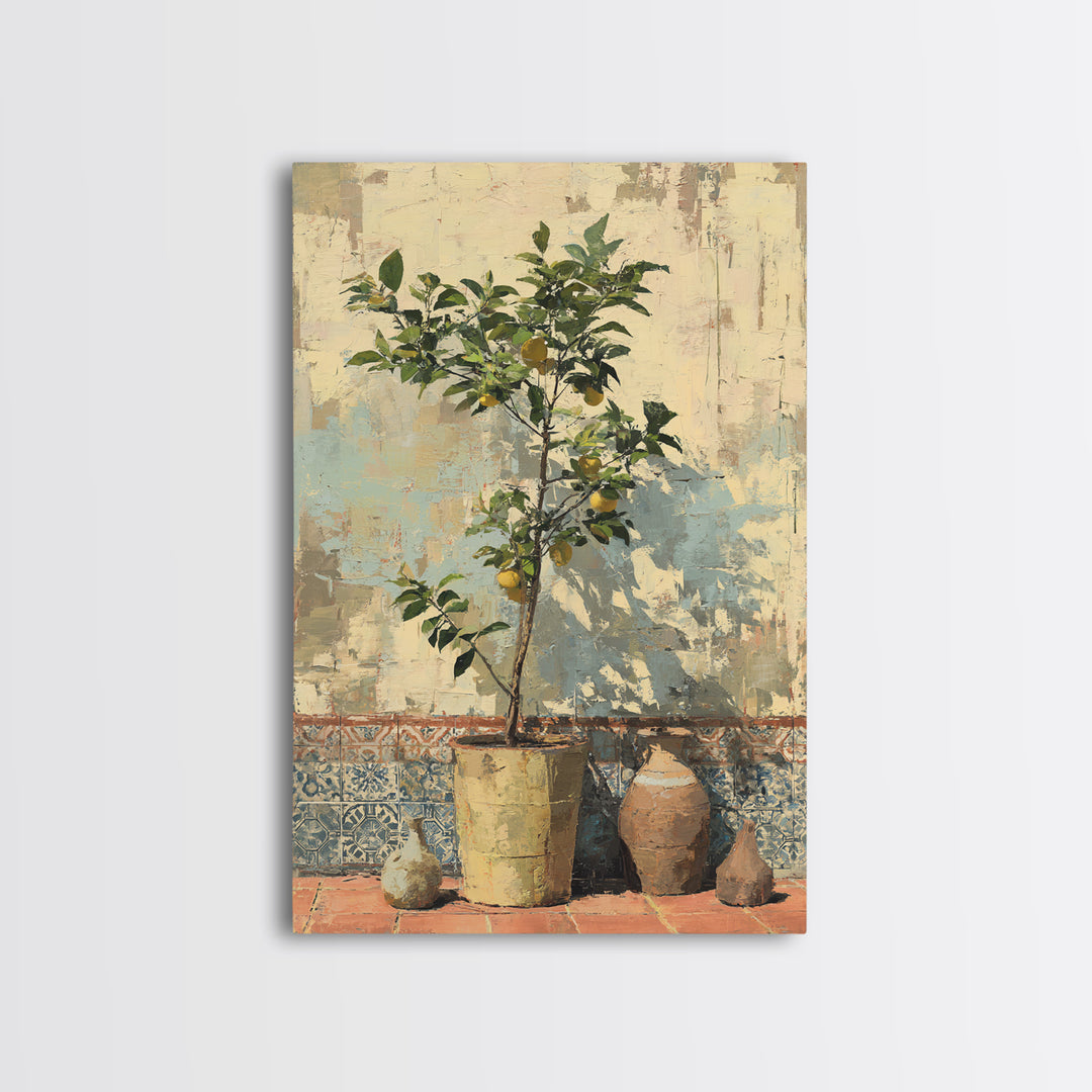 Citrus Tree in Clay Pot Canvas Print, Mediterranean Art, Room Decor, Living Room Decor, Oil Painting, Azure, Printable Art, MAR-2x3-66
