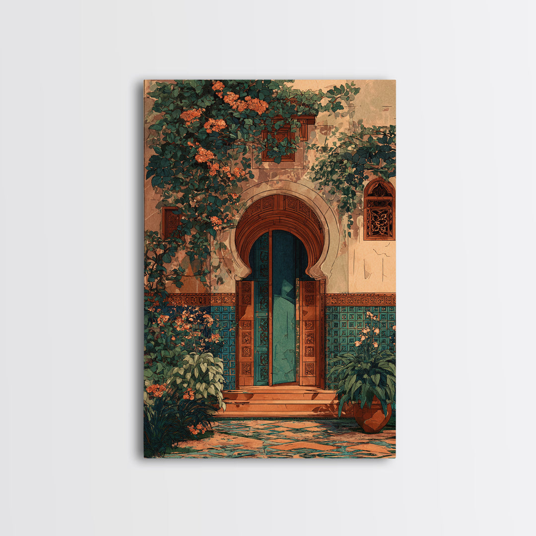 Sunlit Courtyard Doorway Canvas Print, Mediterranean Art, Luxury Decor, Living Room Decor, Fine Art, Azure, Framed Wall Art, MAR-2x3-67