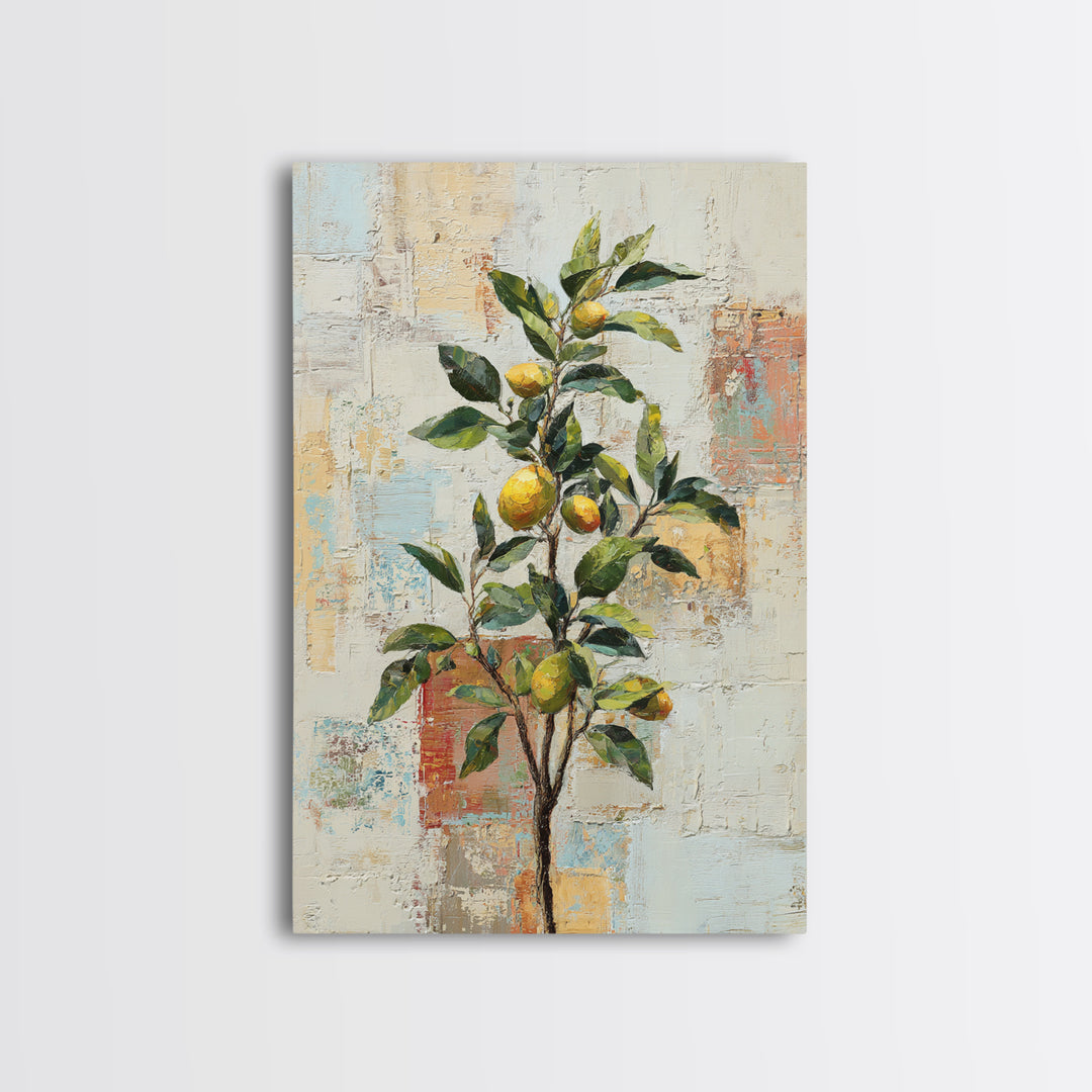 Sicilian Lemon Branch on Ivory Background Framed Canvas Print, Mediterranean Art, Oil Painting, Living Room Decor, MAR-2x3-69