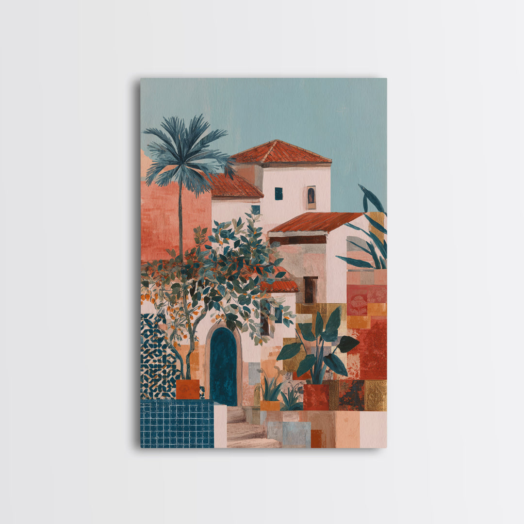 Sunset over Red Tiled Rooftops Canvas Print, Mediterranean Art, Watercolor Painting, Living Room Decor, Fine Art, Azure, MAR-2x3-7