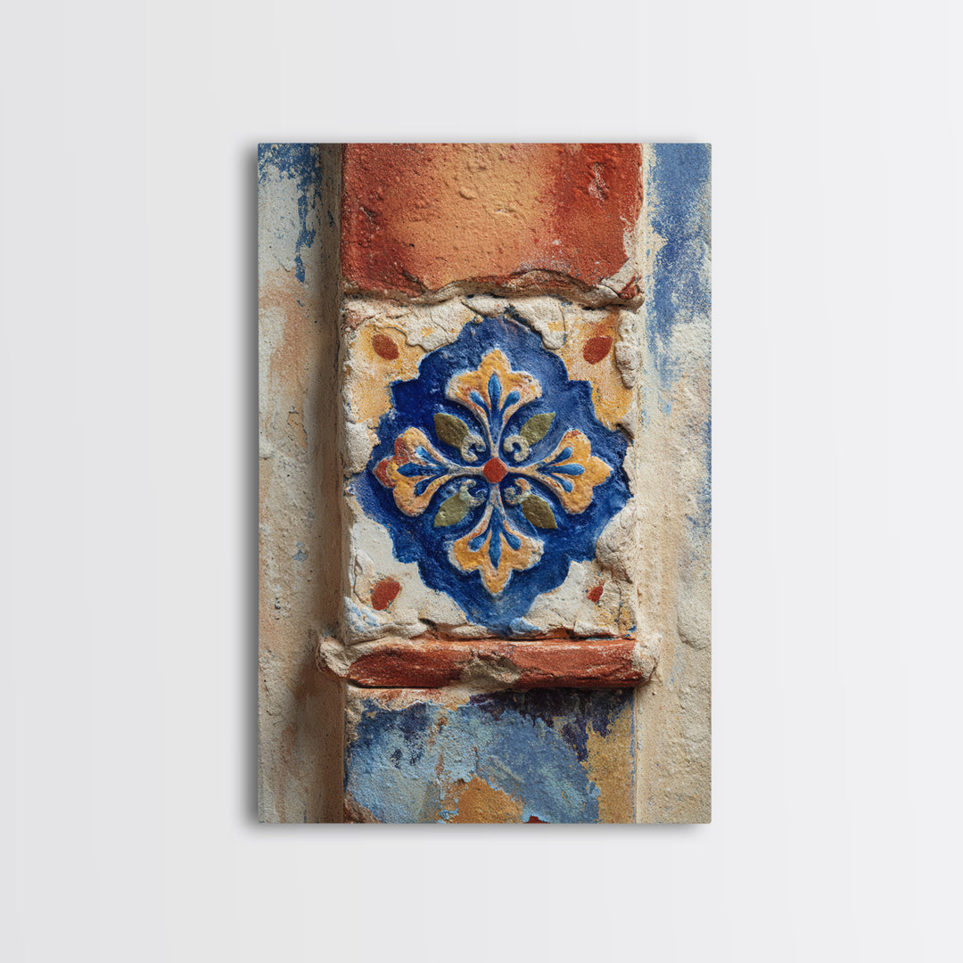 Spanish Tile Ornament Canvas Print, Mediterranean Art, Neutral Decor, Living Room Decor, Oil Painting, Azure, Home Decor, MAR-2x3-72